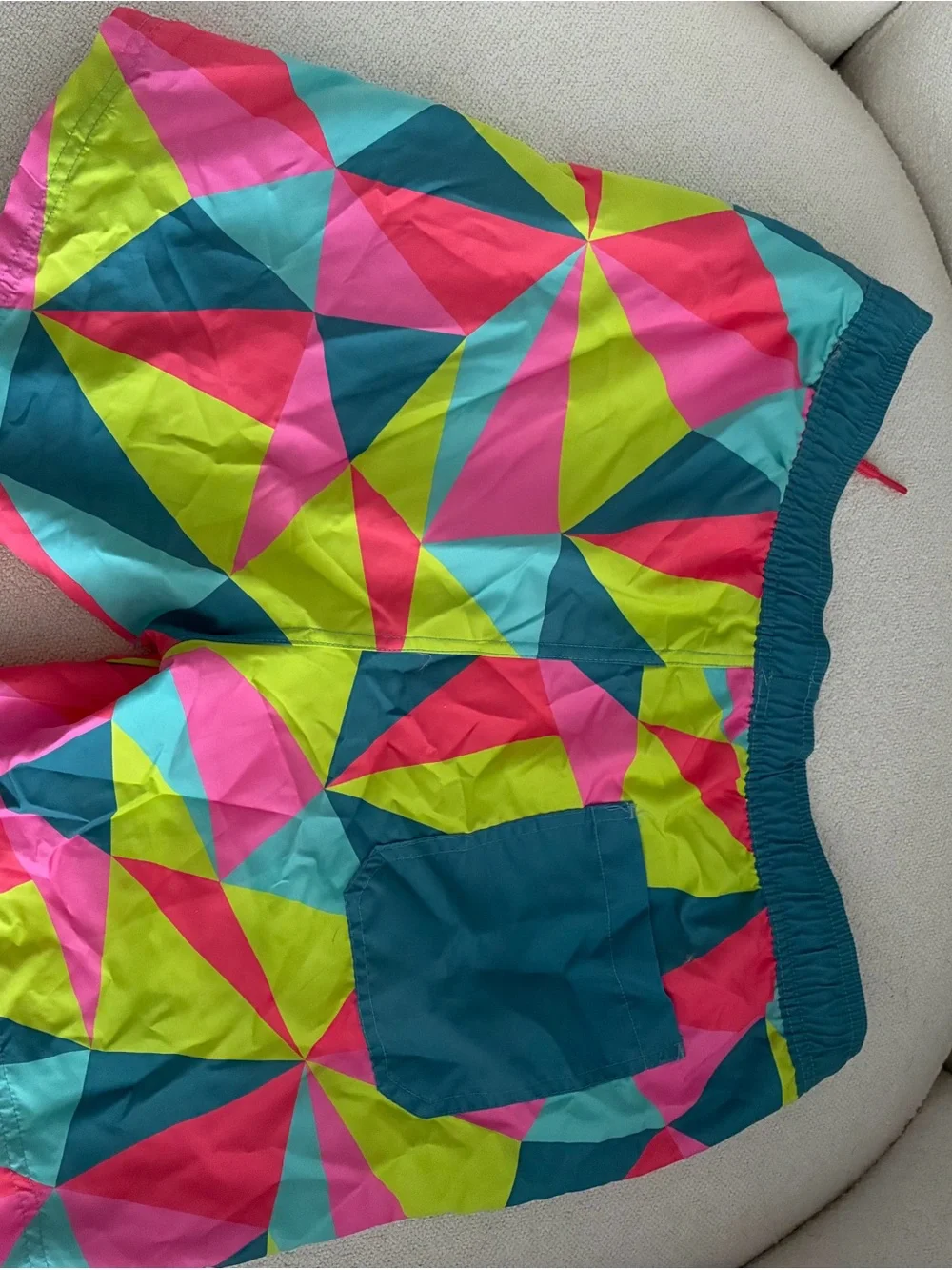 MAD Engine Neon Geo Print Men’s Swim Trunks - Teal, Lime, Pink, Cyan